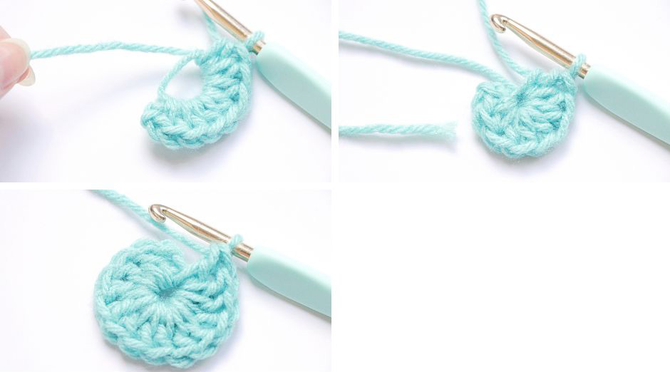 Half Double Crochet - pulling the loose string to tighten the adjustable ring