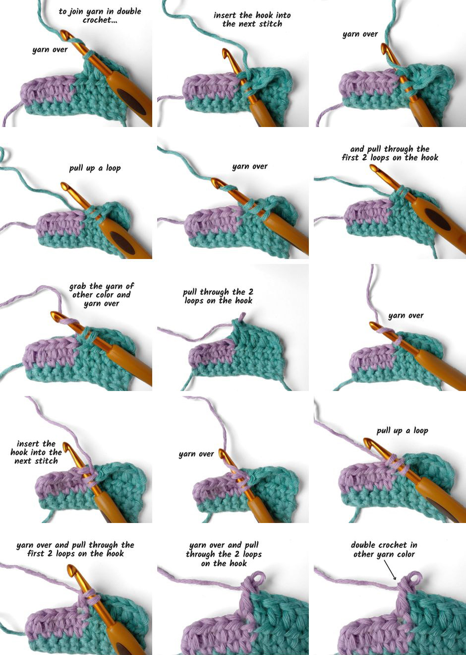 steps to join a different color yarn in double crochet