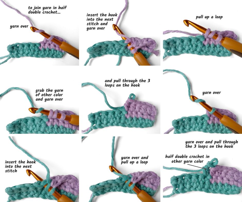 steps to join a different color yarn in half double crochet