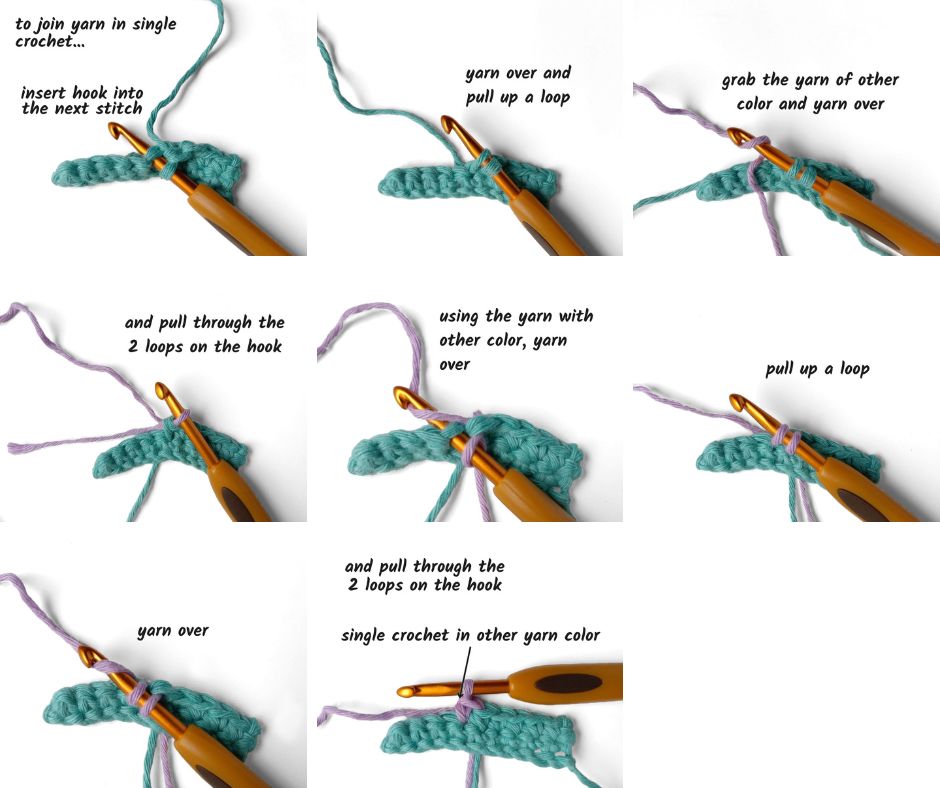 steps to join a different color yarn in single crochet