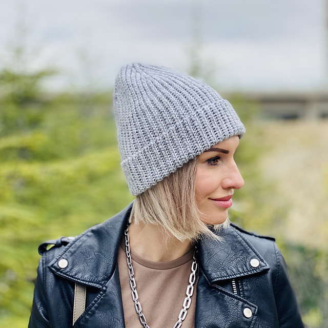 knit look beanie hat worn by a woman