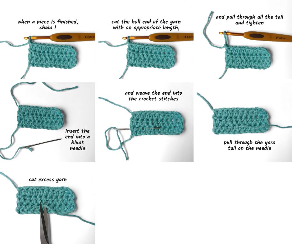 steps on how to fasten and weave off ends in crochet