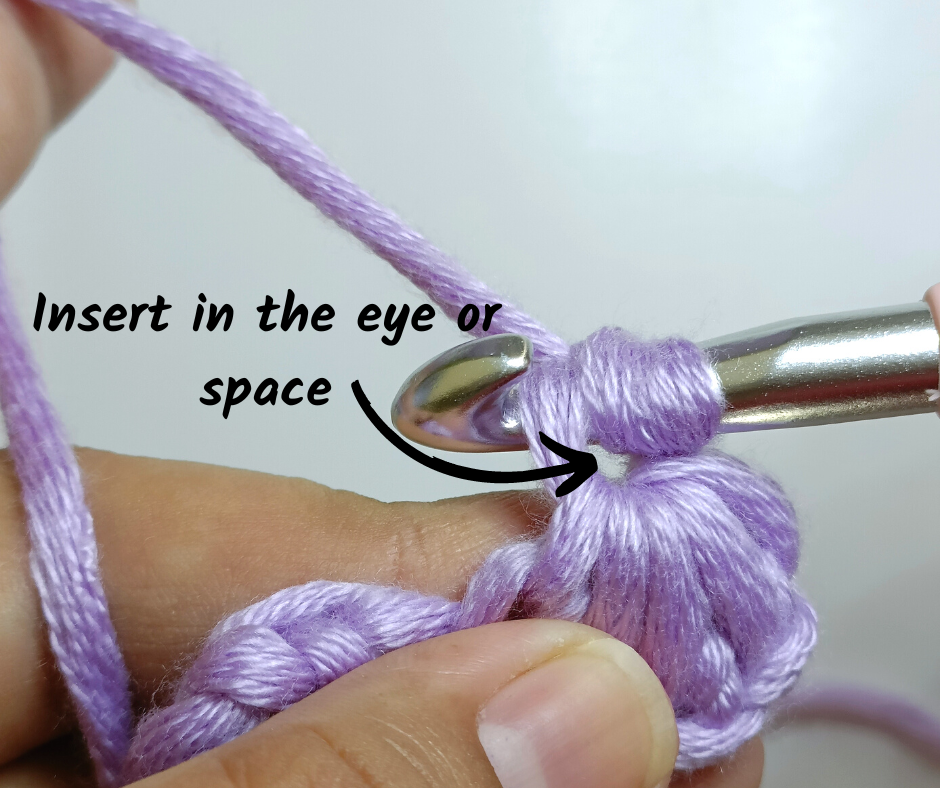crochet star stitch - insert in eye