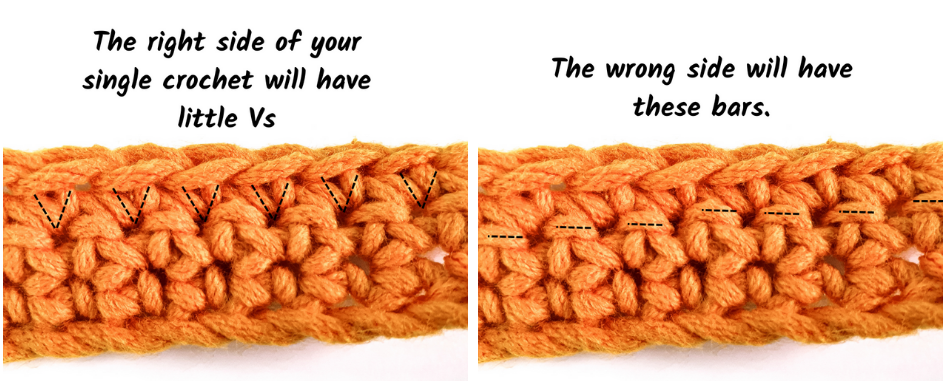 right or front side of single crochet stitches