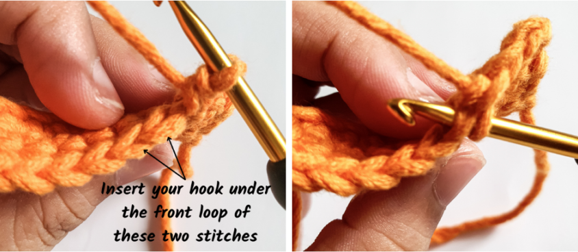 single crochet stitch - insert hook into front loop of next two stitches
